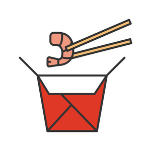 中国面带海鲜的纸盒颜色图标。锅面配虾。孤立向量插图