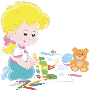 的小女孩一个有趣的夏天小房子和花朵的图片, 矢量插图的卡通风格照片