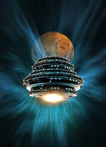 大飞碟像宇宙飞船在轨道上与地球卫星背景照片