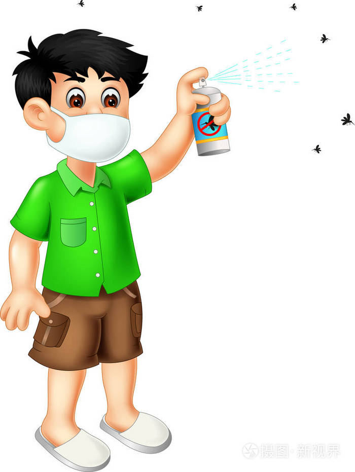可爱的男孩卡通喷雾驱蚊与笑和挥舞