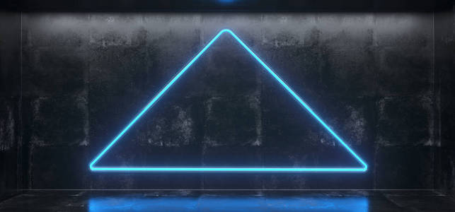 空的混凝土房间与发光三角霓虹灯和反射在地板上. 3 d 渲染插图