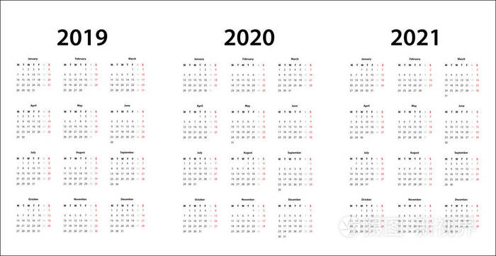 20192020和2021的简单日历模板
