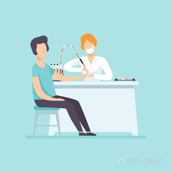 医生在医疗办公室,医疗和医疗保健概念中对男性病人进行血液测试卡通