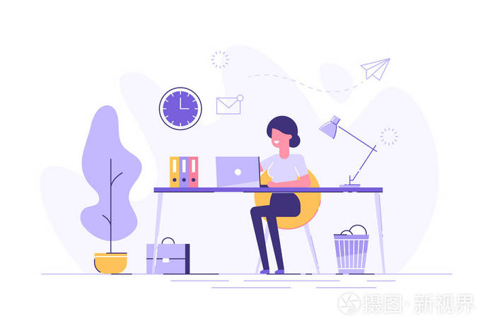 妇女坐在办公桌前使用膝上型电脑插画-正版商用图片04qbca-摄图新视界