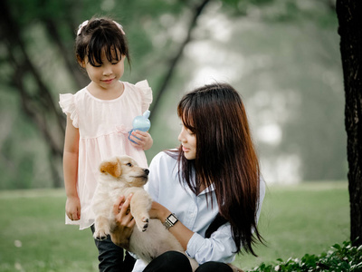 亚洲男孩和女孩玩 wiyh 小狗在公园里
