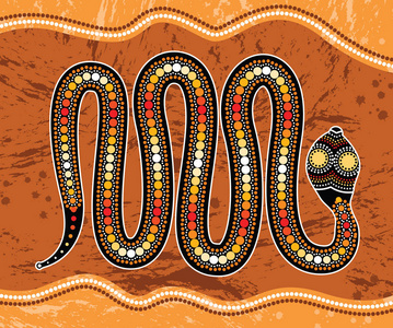 土著艺术矢量画与蛇。基于景观背景的原住民风格插图