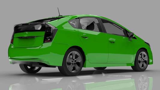 现代家庭混合动力车绿色的灰色背景与地面上的阴影。3d 渲染