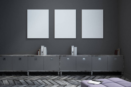 现代室内部与家具和空的海报在灰色墙壁。模拟, 3d 渲染