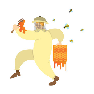 养蜂从蜜蜂偷蜂蜜, 卡通人物, 矢量图像, 平面设计照片