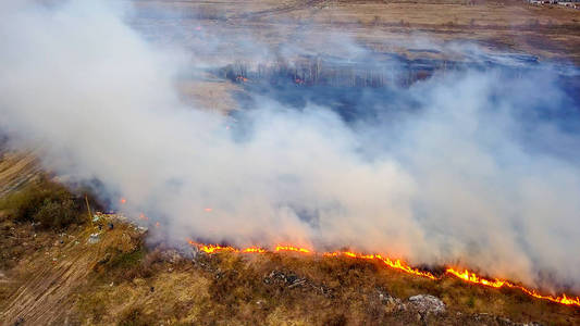 很很干大火灾.干草正在燃烧.很多烟雾.