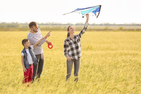 快乐的家庭在野外放飞风筝