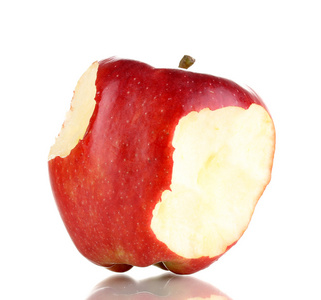 孤立在白纸上的红色咬了的苹果