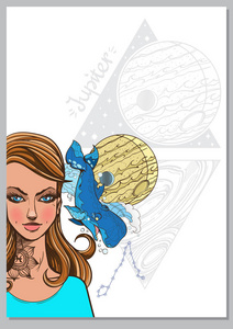 长方形背景与女性画像。女孩象征生肖星座双鱼座。彩色插图与女性形象
