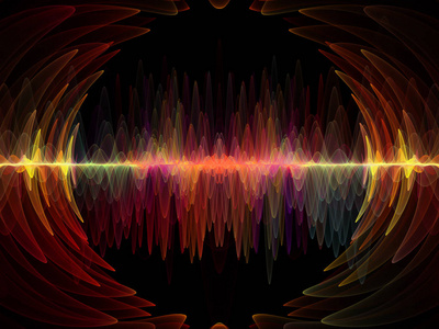 波函数系列。彩色正弦振动的背景, 光和分形元素, 以补充设计的声音均衡器, 音乐频谱和量子概率的主题