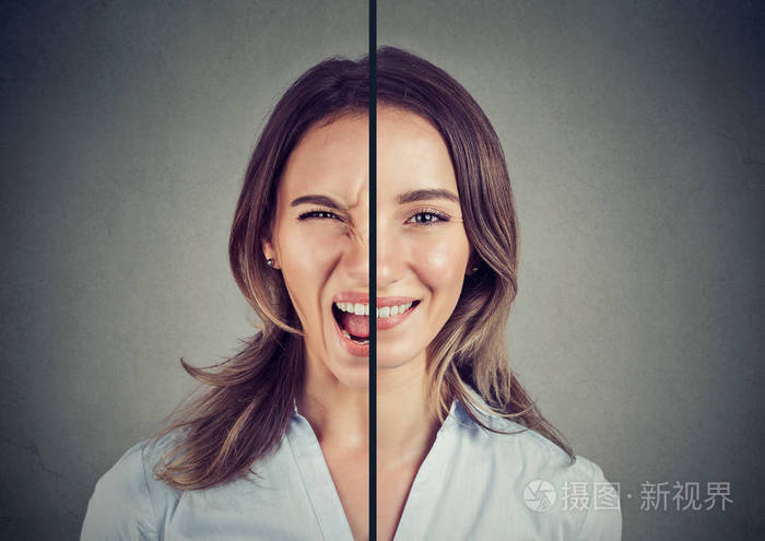 躁郁症的概念.灰色背景下双人脸表情的年轻女子