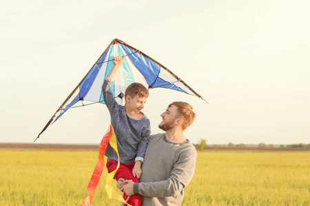 快乐的父亲和儿子在田野里放飞风筝