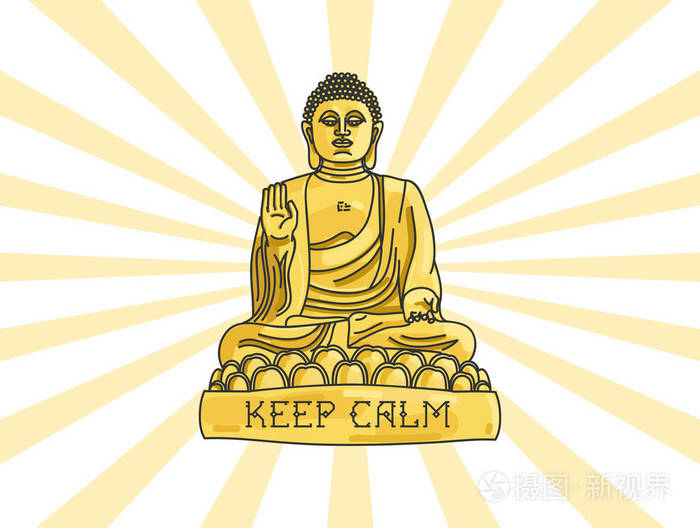 莲花造型中的佛像金色与版式保持平静与太阳的光芒围绕图线性彩色图形