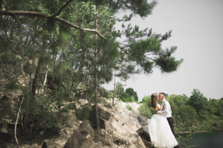美丽的婚礼夫妇与岩石山