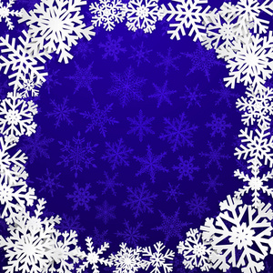 蓝色背景下的白色雪花圆形框架圣诞插图