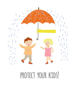 雨的插图保护您的孩子概念插图与儿童和雨伞, 矢量图形照片