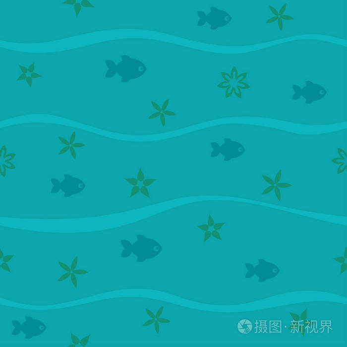 带波浪鱼和海藻的无缝蓝色图案