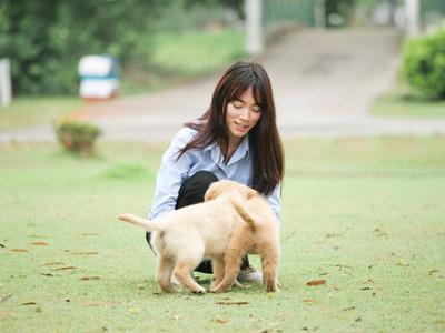 在公园玩小狗的亚洲妇女