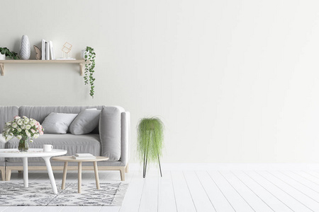 客厅内墙模拟灰色天鹅绒沙发和植物, 3d 渲染