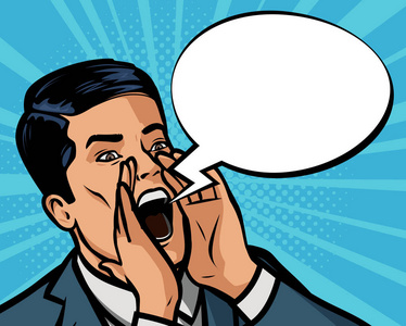 男人大声喊叫.风格喜剧流行艺术中的矢量插画照片