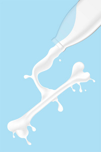 牛奶浇骨形状从玻璃瓶, 世界牛奶日概念3d 虚拟设计插图在蓝色背景上与复制空间隔离, 矢量 eps 10