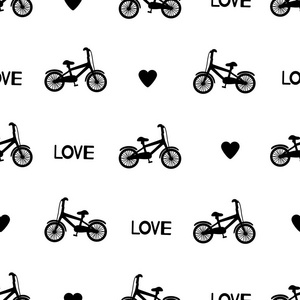 无缝模式与黑色自行车, 心和文字的爱。矢量插图