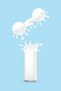 牛奶飞溅哑铃锻炼形状从玻璃, 世界牛奶天概念3d 虚拟设计插图在蓝色背景上与复制空间隔离, 矢量 eps 10