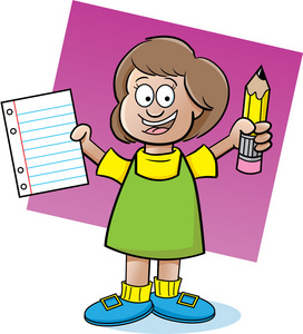持有一份文件和一支铅笔一女孩的卡通插图