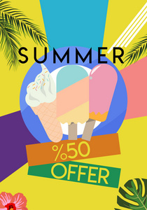 夏季热带背景设置和棕榈树，天空和日落。夏季招贴海报传单邀请卡。夏季