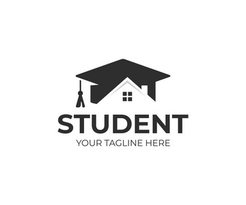学生住房徽标模板。学生住宿矢量设计。学士帽和房子屋顶标识
