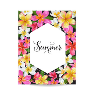 夏日花卉海报。热带鸡蛋花卉设计的邀请, 横幅, 传单, 小册子。你好夏天水彩植物卡片. 矢量插图