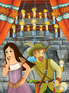 卡通场面与美丽的女孩和男孩王子和公主在城堡房间例证为孩子