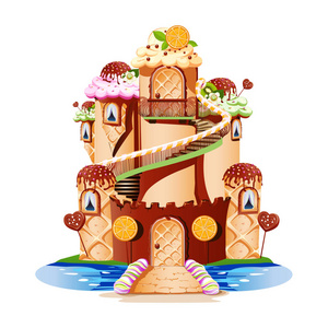 一个童话城堡与塔和一个阳台由糖果制成。愉快和可口的向量例证