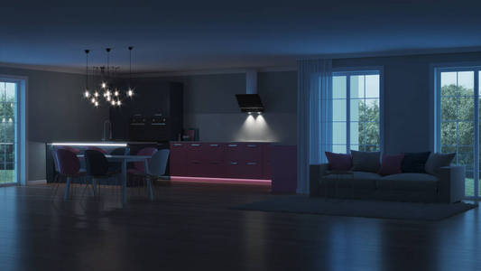 现代房子内部。粉红色的厨房。晚上。晚上照明。人造光源。3d 渲染