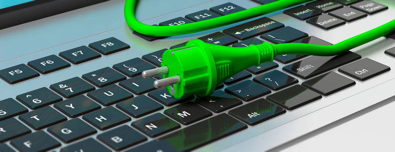 绿色电力插头电脑笔记本电脑, 横幅。3d 插图