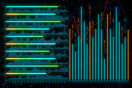 投资贸易和分析概念。创意发光的外汇图表背景。3d 渲染