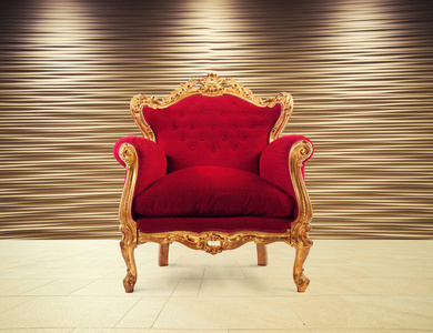 红色和金色的豪华扶手椅。成功与光荣的概念
