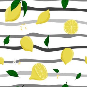 无缝柠檬和条纹手绘图案
