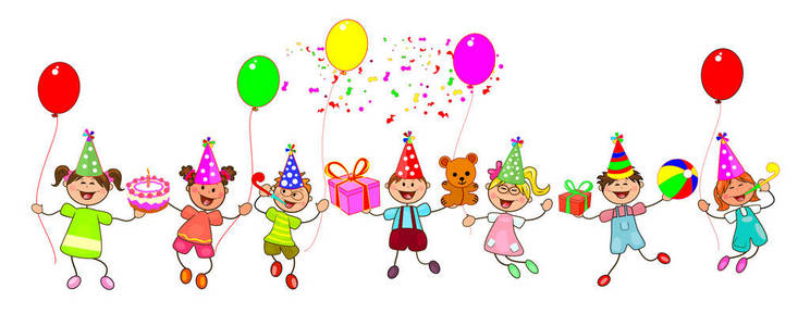 快乐的孩子与礼物在白色背景.孩子们祝贺生日快乐.快乐儿童卡通照片