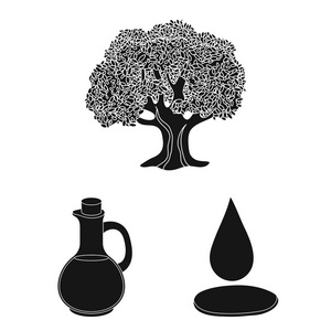橄榄, 食物黑色的图标集合中的设计。橄榄油, 调味矢量符号股票网页插图