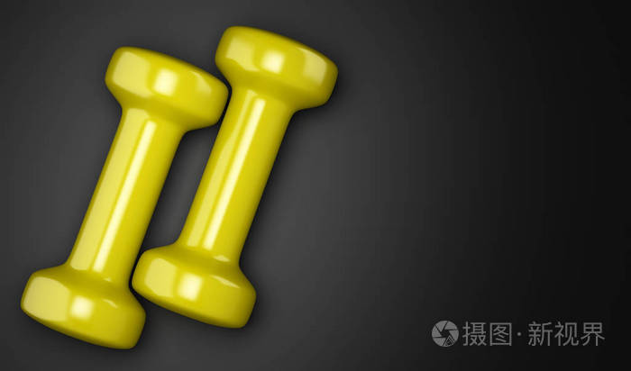 黄色哑铃被隔离在黑色背景上.3d 插图