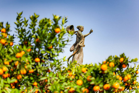 与成熟的橘果果园准备好收获与妇女女神雕像收获