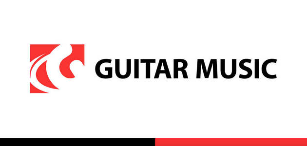 吉他店, 学校, 音乐工作室的标志。音乐公司红色矢量标志