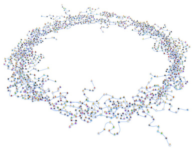 人群的小符号3d 数字线相连, 复杂的分层系统大圆圈形状, 过白, 水平, 孤立