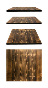 在白色背景上被隔离的暗褐色木桌的一套。空白色木桌顶级产品广告收藏