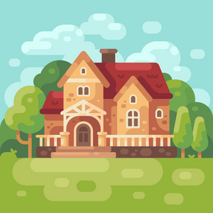 大乡间别墅平面插图。现代乡村家庭背景